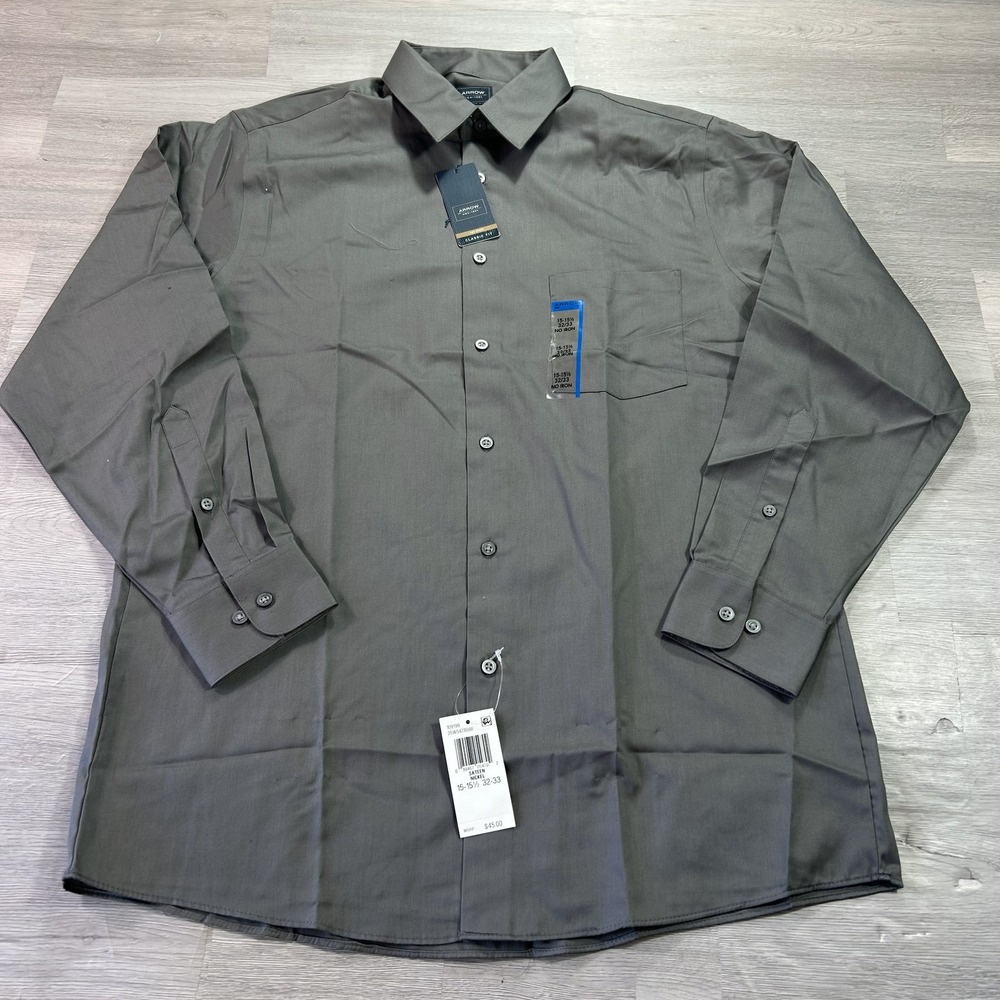 NEW Arrow Dress Shirt Mens 15.5 32/33 Gray Sateen Nickel Non Iron Long Sleeve